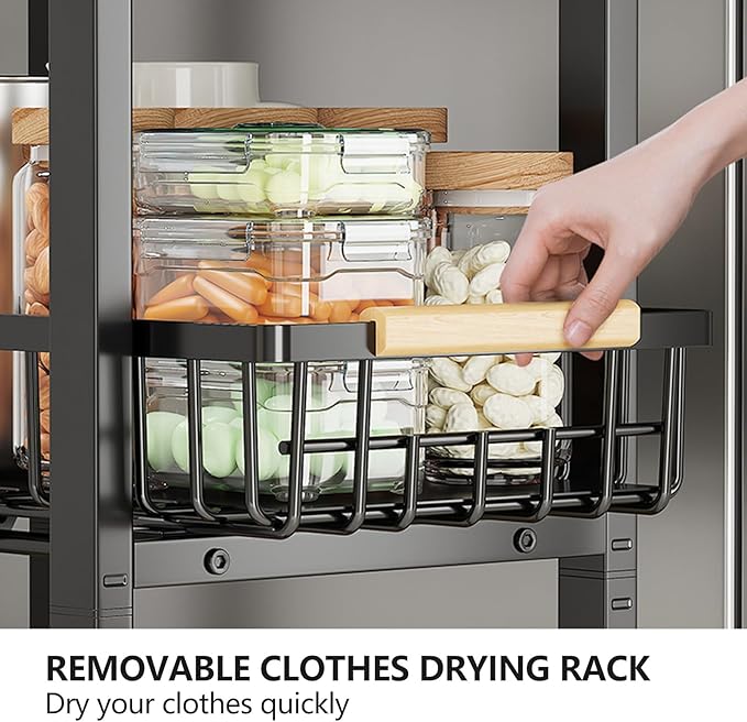 Kitchen Storage Cart Slim Rolling Cart On Wheels,5-Tier Skinny Kitchen Island Utility Organizer Storage Cart with Pull-Out Baskets and Wood Top,Mesh Fruit Basket Cart with Handle