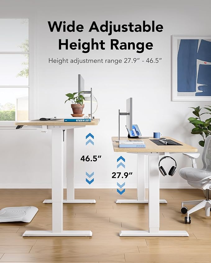 HUANUO 48" x 24" Electric Standing Desk Adjustable Height, 4 Memory Height Settings, Headphone Hook, Cable Manager, Sit Stand Up Desk for Home Office & Computer Workstation, Natural