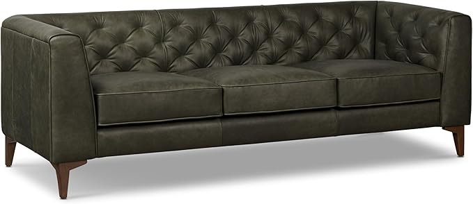 POLY & BARK Essex Leather Couch - 89-Inch Sofa with Tufted Back - Full-Grain Leather Sofa for Living Room with Feather-Down Topper - Living Room Couch - Vintage Italian Leather in Olivine Green