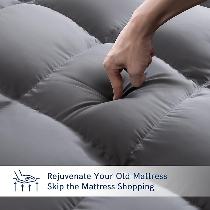 ELEMUSE Twin Grey Mattress Topper for Back Pain, Extra Thick Mattress Pad Cover, Plush Soft Pillowtop with Elastic Deep Pocket, Overfilled Down Alternative Filling