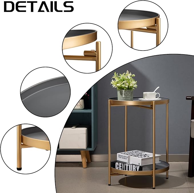 HollyHOME 2-Tier Round Gold Side Table, Outdoor Small Folding Accent Stand with Removable Tray, Anti-Rust Metal Asional Table for Balcony Patio Living Room, Nightstand for Bedroom(Gold&Grey)