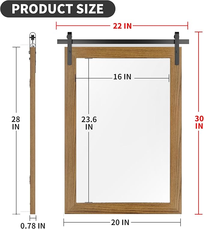 Farmhouse Bathroom Mirror, Brown Rustic Vanity Mirror Wood Framed Decrative Mirrors, Barn Door Style Decor Entryway Bedroom 22x30INCH Horizontal