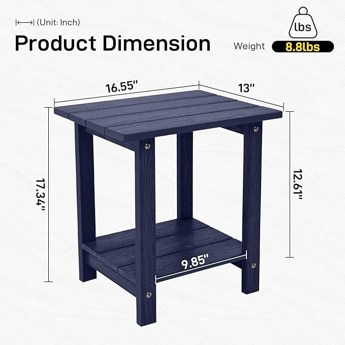 Melucivi Weather Resistant Outdoor Side Table, Double Small Adirondack Side Table for Adirondack Chair - Indoor Outdoor End Table, Patio Table for Pool, Deck and Porch (D Blue)