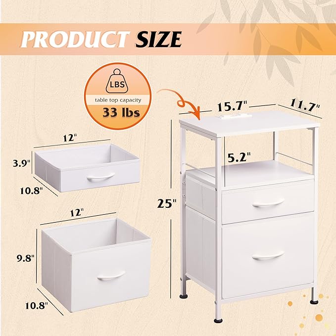 WLIVE Night Stand with Charger Station, White Nightstand with 2 Fabric Drawers, Bedside Table, Small Dresser for Bedroom, Side Table with USB Ports and Outlets