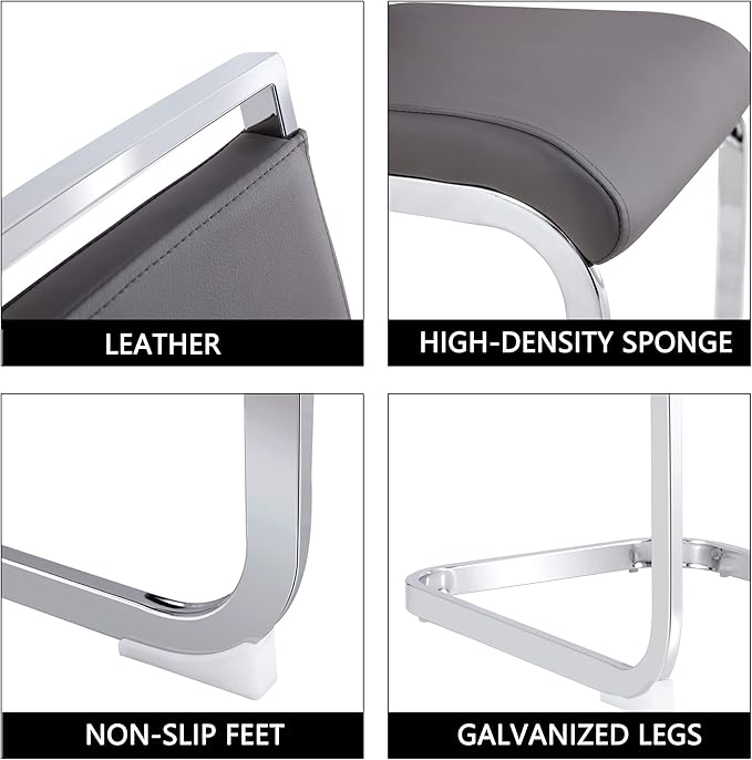 Dining Chairs Set, Kitchen Modern Metal Chairs with Faux Leather Padded Seat High Back and Sturdy Chrome Legs, Chairs for Dining Room (Grey, Set of 8)