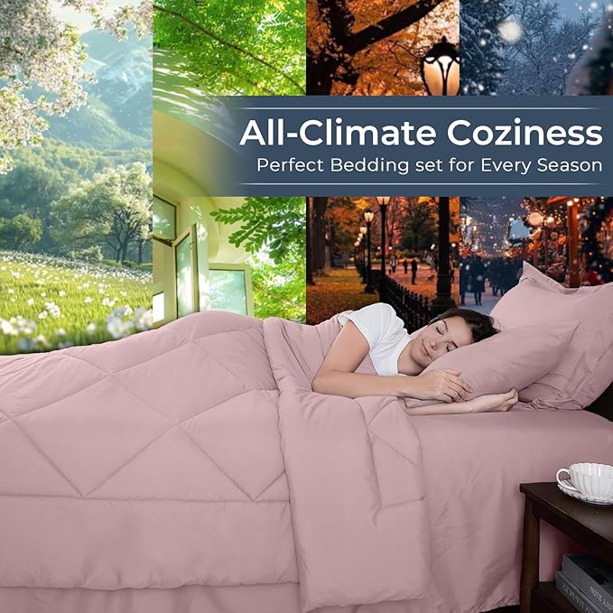 HEVUMYI Rose Gold King Comforter Set - 7-Piece All Season Bed in a Bag King, Ultra Soft Bedding Set with Comforter, Flat Sheet, Fitted Sheet, Pillowcases, Pillow Shams