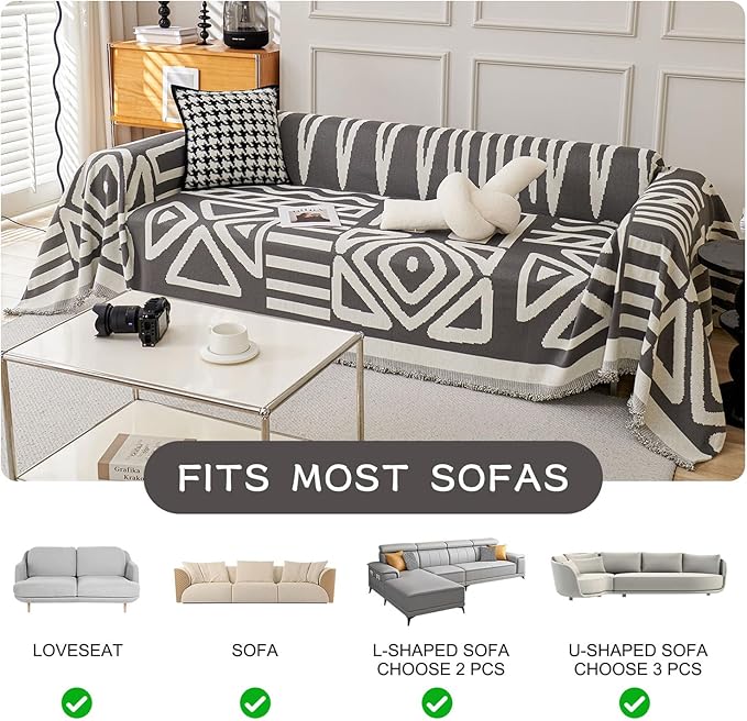 STACYPIK Simple Dark Grey Boho Sofa Cover for Sectional Soft Tassel Chenille Couch Cover for 3 Cushion Couch Reversible Loveseat Cover for Dogs Cats Non-Silp Furniture Cover Multi-Use Blanket-91x150IN