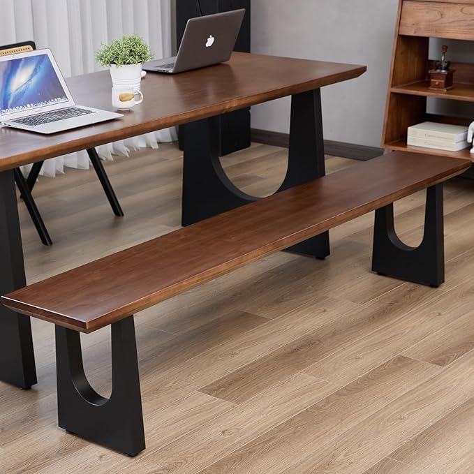 Walnut Color Long Bench Solid Wood Top Metal Legs U-Shaped Design Durable Sturdy Dining Bench Ideal for Office Home Restaurant Patio Multiple (Bench, 70.87in)