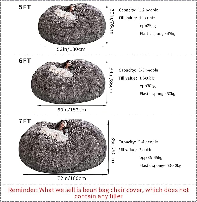 Giant Fur Bean Bag Chair Cover for Kids Adults, (No Filler) Living Room Furniture Big Round Soft Fluffy Faux Fur Beanbag Lazy Sofa Bed Cover (Orange, 6FT)