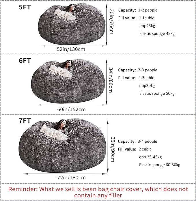 Giant Fur Bean Bag Chair Cover for Kids Adults, (No Filler) Living Room Furniture Big Round Soft Fluffy Faux Fur Beanbag Lazy Sofa Bed Cover (Purple, 5FT)