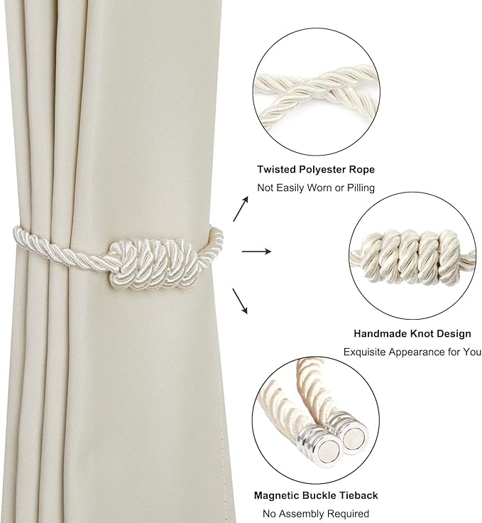 BEL AVENIR Magnetic Curtain Tiebacks, Decorative Drapery Holdbacks Modern Woven Tie-Backs with Exquisite Knot (Beige, 4 Pack)