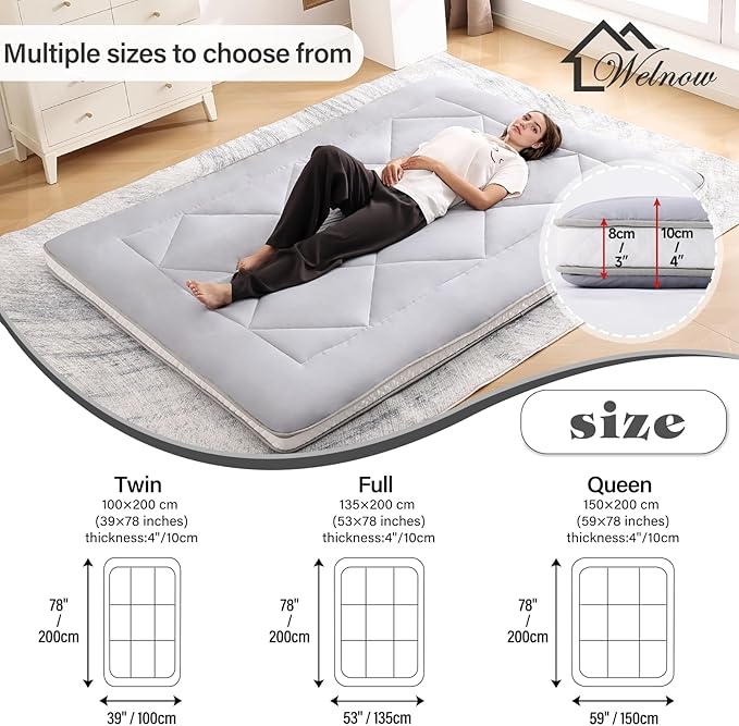 Welnow Japanese Futon Floor Mattress, Thick Full Size Tatami Mat Portable & Foldable Roll Up Floor Bed Mattress with Storage Bag, Sleeping Pad for Adults, Dorm, Guest Bed, Camping and Travel, Grey