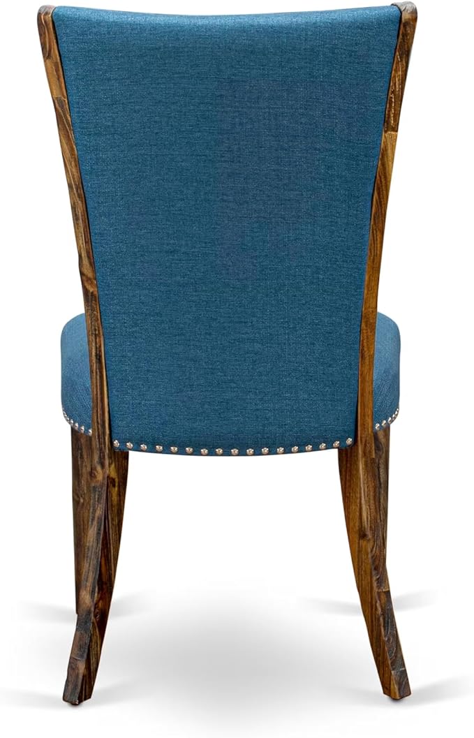 East West Furniture V777VE721-7 7 Piece Dining Room Table Set Consist of a Rectangle Dining Table with V-Legs and 6 Blue Color Linen Fabric Upholstered Chairs, 40x72 Inch, Multi-Color