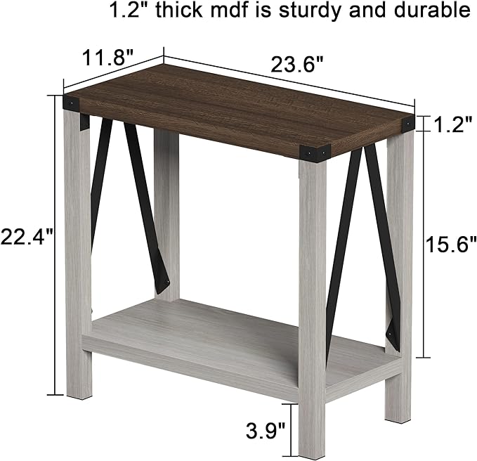 ChooChoo Farmhouse End Table for Small Spaces, Narrow Side End Table with Storage Shelf, Rustic A-Design Nightstand Sofa Table for Living Room, Bedroom (White & Brown)