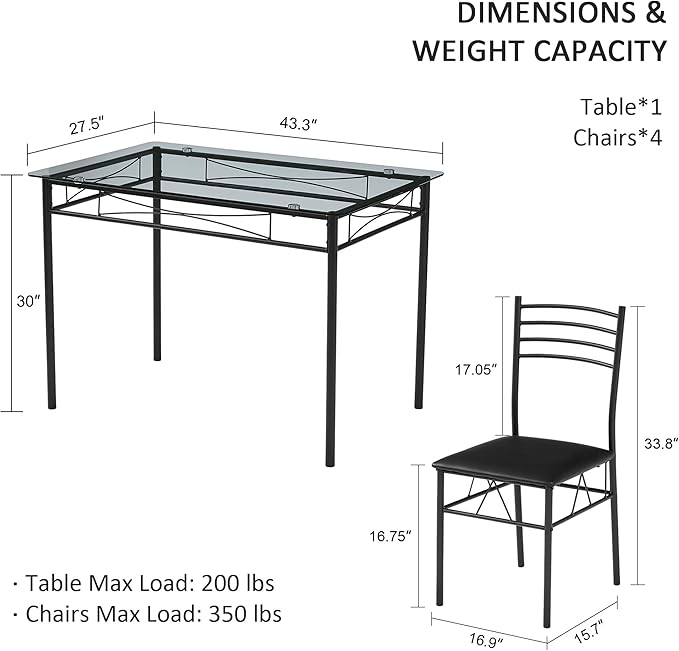 VECELO Kitchen Dining Table and Chairs Set for 4, PU Padded Seat & Glasses Tabletop, Space Saving, Matte Black