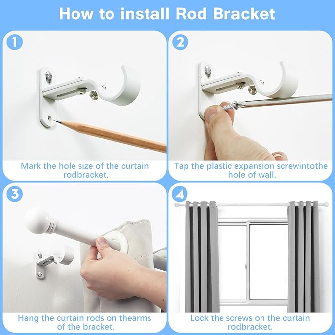 Curtain Rods for Windows 16 to 150 Inches, Curtain Rod Max Adjustable Length of 160 IN, 6/8" Diameter Drapery Rods Round Finials, White, Pack of 2