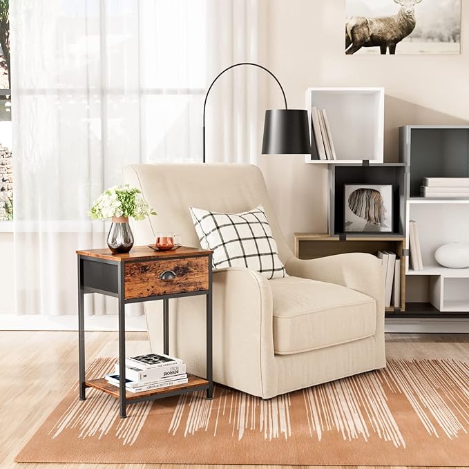 Furologee End Table with Storage Shelf and Fabric Drawer, 2 Tiers Industrial Nightstand, Bedside Table Organizer for Living Room Bedroom, Rustic Brown, Easy Assembly