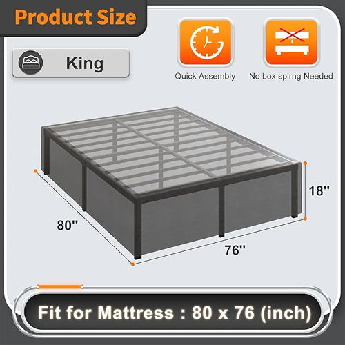 18 Inch King Size Bed Frame with Black Bed Cover, Metal King Size Platform Bed Frame No Box Spring Needed, Heavy Duty Mattress Foundation, Easy Assembly, Noise Free