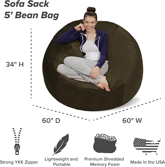 Sofa Sack Bean Bag Chair - Plush, Ultra Soft - Memory Foam Bean Bag Chair with Microsuede Cover - Stuffed Foam Filled Furniture and Accessories for Dorm Room 5 Feet - Olive
