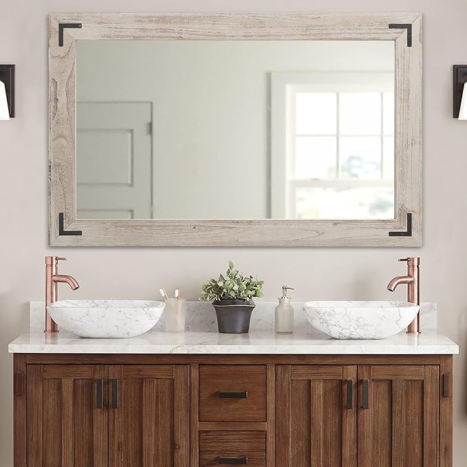 YOSHOOT Rustic Wooden Framed Wall Mirror, Natural Wood Bathroom Vanity Mirror for Farmhouse Decor, Vertical or Horizontal Hanging, 60" x 30", Grey