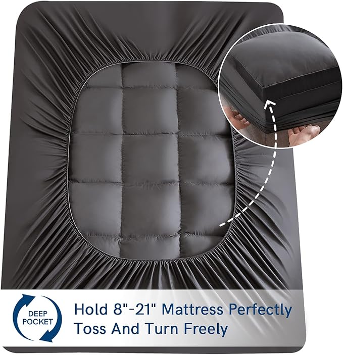 ELEMUSE Queen Grey Mattress Topper for Back Pain, Extra Thick Mattress Pad Cover, Plush Soft Pillowtop with Elastic Deep Pocket, Overfilled Down Alternative Filling