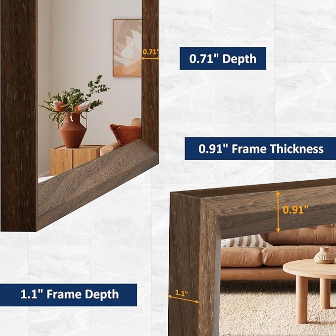 WEER Bathroom Mirror, 40x36 Inch Wall Mirror, Walnut Wood Grain Framed Mirror, Rectangle Vanity Mirror, Tempered Glass, Anti-Rust, Hangs Horizontally or Vertically