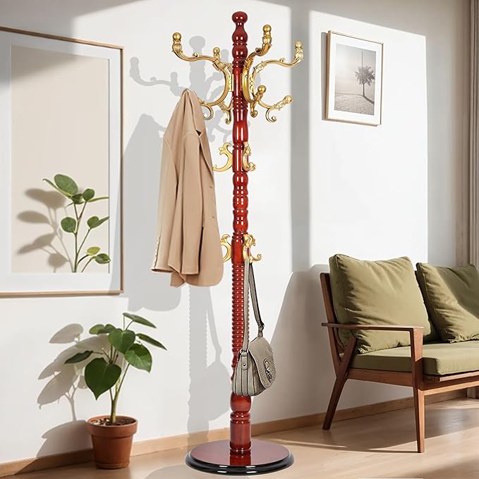 73 in Wood Coat Rack, Coat Rack Freestanding with Stable Round Base, Adjustable Height Tree Coat Racks Stand for Home Bedroom Office Hallway Entryway (Haitang color)