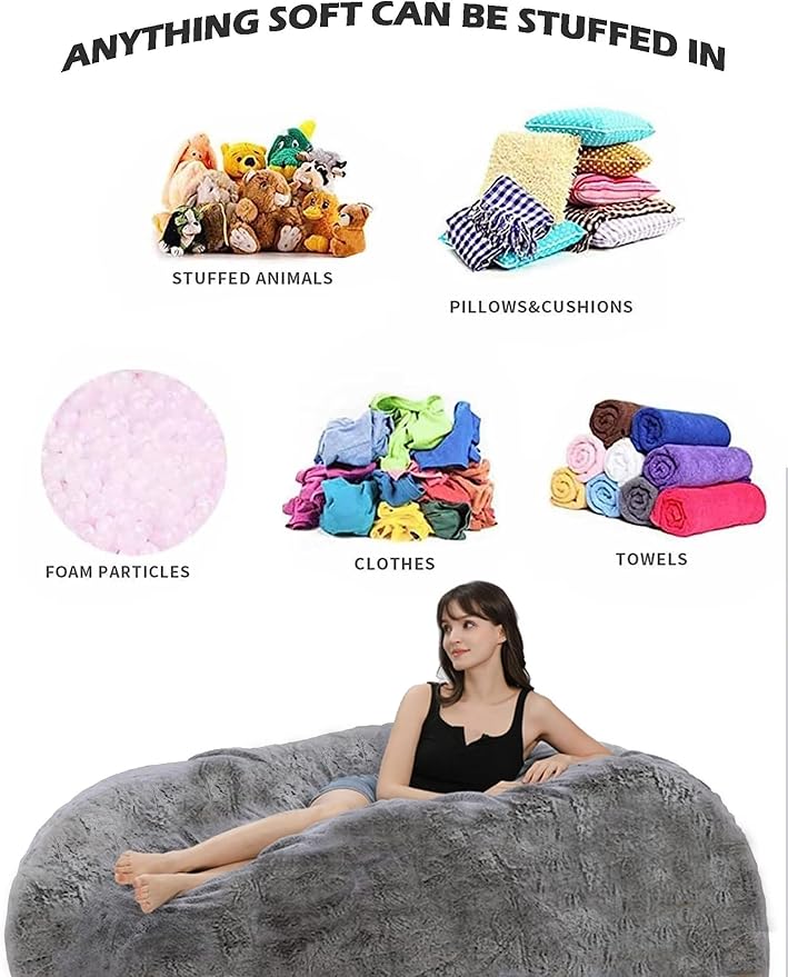 Bean Bag Chairs for Kids Comfy Fluffy Big Joe Bean Bag Chair Covers Only (No Filler) Round Sofa Chairs for Bedroom Living Room Decor, 5FT, Brown