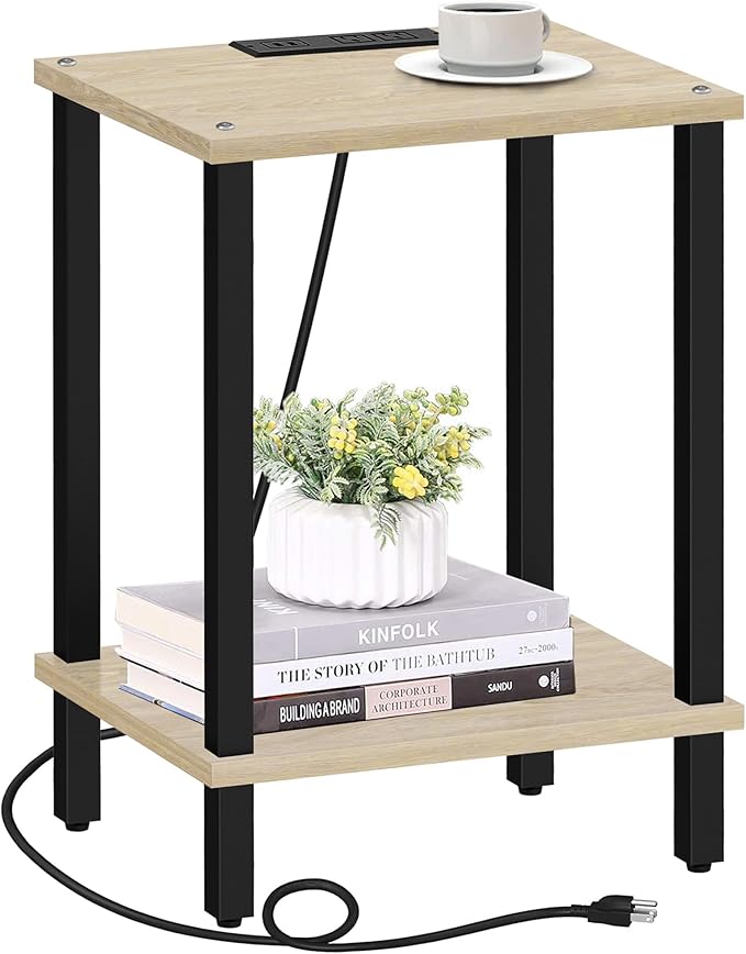 TUTOTAK End Table with Charging Station, Small Side Table with Outlets, Nightstand Bedside Table, 2-Tier Storage Shelf for Small Space, Living Room, Bedroom, Oak TB01BO040
