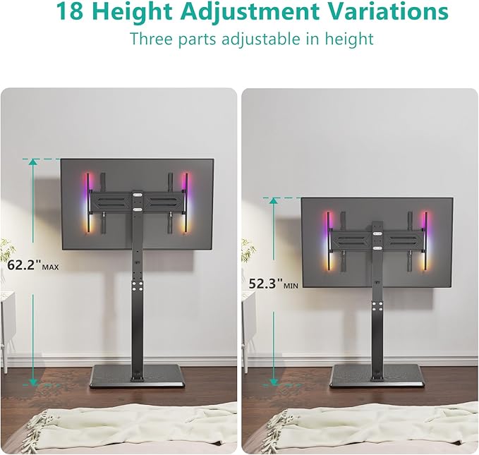 WALI Floor TV Stand with LED Lights, Tall TV Stand Mount for 32-75 inch TV up to 110 lbs, Swivel and Height Adjustable TV Stands with Wood Base for Bedroom, Office(TVDVD-7L), Black