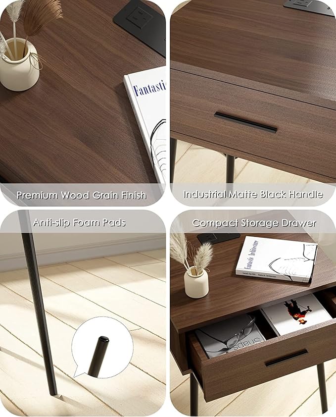 HAIOOU Set of 2 Mid Century Nightstand with Charging Station, End Table Modern Side Table One Drawer with Premium Matte Black Handle and Pine Wood Legs for Home Bedroom Living Room (NS003X)