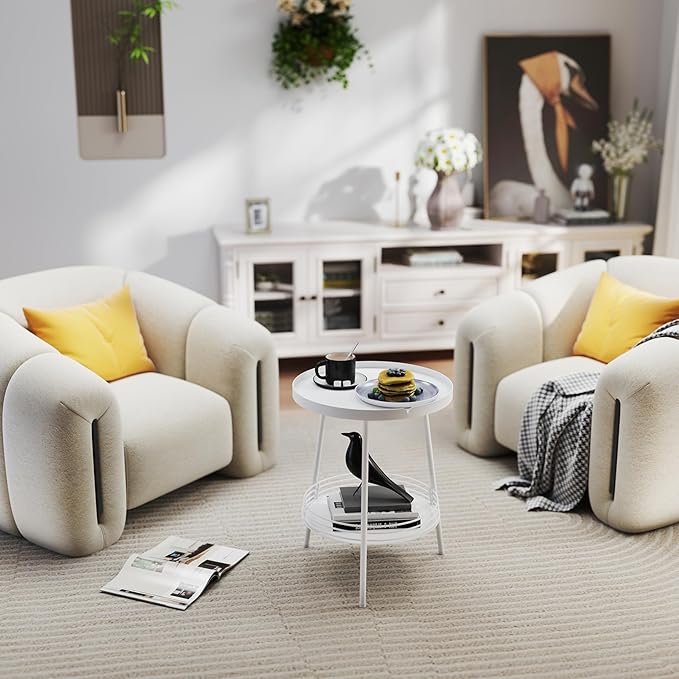 Benkyo 2 Tier White Metal Round Side Table Tiered Two Shelf Storage Coffee Sofa End Table for Living Room and Bedroom,White