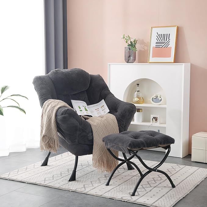 Lazy Chair with Folding Ottoman, Modern Accent Lounge Armchair with Armrests and a Side Pocket & Foldable Footstool, Leisure Reading Chair for Living Room, Bedroom, Dorm & Office, Plush Navy