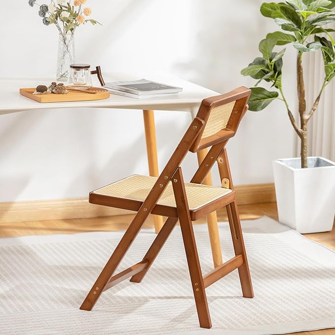 Rattan Folding Chair, Modern Mid Century Dining Chairs Set of 1, Comfy Outdoor Bamboo Chairs for Bedroom Living Room Reading Room Dining Kitchen, Walnut