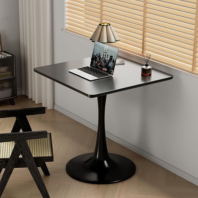 24" Black Tulip Table for Kitchen, Small Square Dining Table for 2 Person, Mid Century Modern Tables with Sturdy Metal Pedestal Base for Living Room, Cafe, Office, Pub, Bar, Bistro