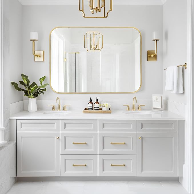 MZON 20x30 Inch Brushed Gold Vanity Mirror, Rectangle Bathroom Mirrors for Over Sink, Anti-Rust Frame & Tempered Glass, Hangs Horizontally/Vertically - Ideal for Small Bathroom or Powder Room