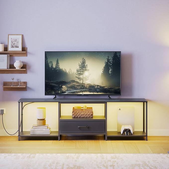 TV Stand with LED Lights, Entertainment Center with Open Shelves and Fabric Drawer, Media Console for 80 Inch TV, Television Stands for Living Room, Bedroom, Black