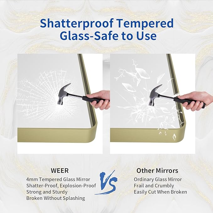 WEER Gold Bathroom Mirror, 28X36 Inch Brushed Gold Metal Frame Mirror, Rounded Rectangle Gold Bathroom Vanity Mirror for Wall, Tempered Glass, Anti-Rust, Hangs Horizontally or Vertically