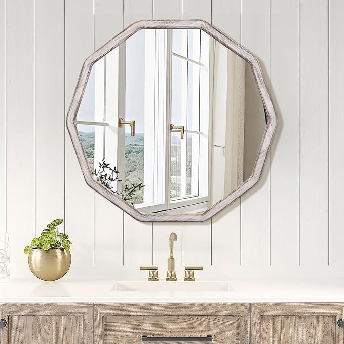 ULIKE White Wood Mirror for Wall, 30 Inch Rustic Farmhouse Mirror with Wood Frame, Decorative Wall Mounted Vanity Mirrors for Bathroom Bedroom Living Room Entryway