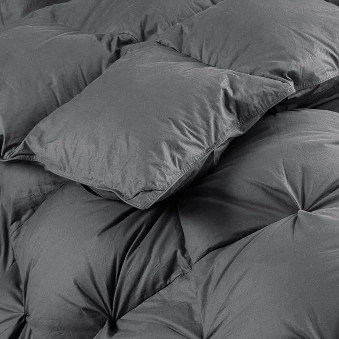 Luxurious All-Season Goose Down Feather Fiber Comforter King Size Duvet Insert, Exquisite Pinch Pleat Ruffled Twisted Flower, Premium Baffle Box, 100% Egyptian Cotton Cover, 70 oz. Fill Weight, Gray