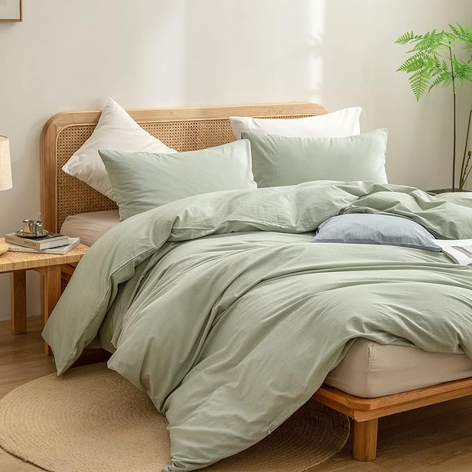 BESTOUCH Duvet Cover Set 100% Washed Cotton Linen Feel Super Soft Comfortable Chic Lightweight 3 PCs Home Bedding Set Solid Sage Green Oversized Queen