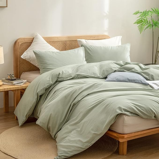 BESTOUCH Duvet Cover Set 100% Washed Cotton Linen Feel Super Soft Comfortable Chic Lightweight 3 PCs Home Bedding Set Solid Sage Green Super King