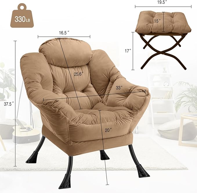 Lazy Chair with Folding Ottoman Modern Large Accent Chair,Contemporary Lounge Leisure Sofa Chair with Armrests Upholstered Sofa Armchair Reading Chair for Bedroom,Dorm & Office(Khaki-f)