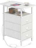 End Table with Charging Station, Side Tables Livingroom with USB Ports and Outlets,Narrow Nightstands Bedside Tables with 3 Drawers PU Finish for Small Space,Slim Sofa Table Bedroom,White