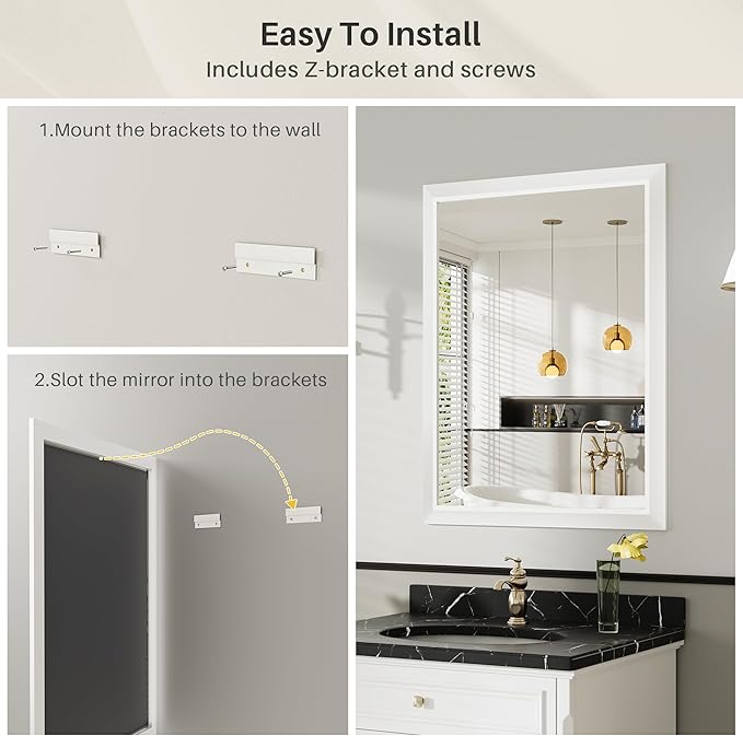 24x36 Inch White Bathroom Mirror for Wall, Thick Metal Framed Rectangle Mirrors for Over Sink, Bedroom, Living Room, Entryway, Anti-Rust, HD Tempered Glass