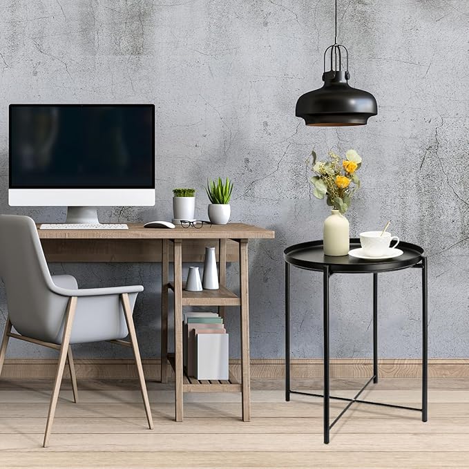 danpinera Metal Black Side Table for Small Spaces Outdoor Patio Table Round Metal Coffee Table Waterproof Removable Tray Table for Living Room Bedroom Balcony Office Black