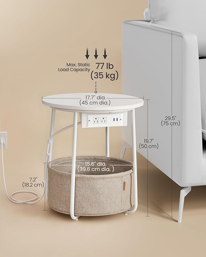 VASAGLE Side Table with Charging Station, Round End Table with Fabric Basket, Nightstand with Power Outlets, USB Ports, for Living Room, Bedroom, Modern, Matte White and Camel Brown ULET228W01