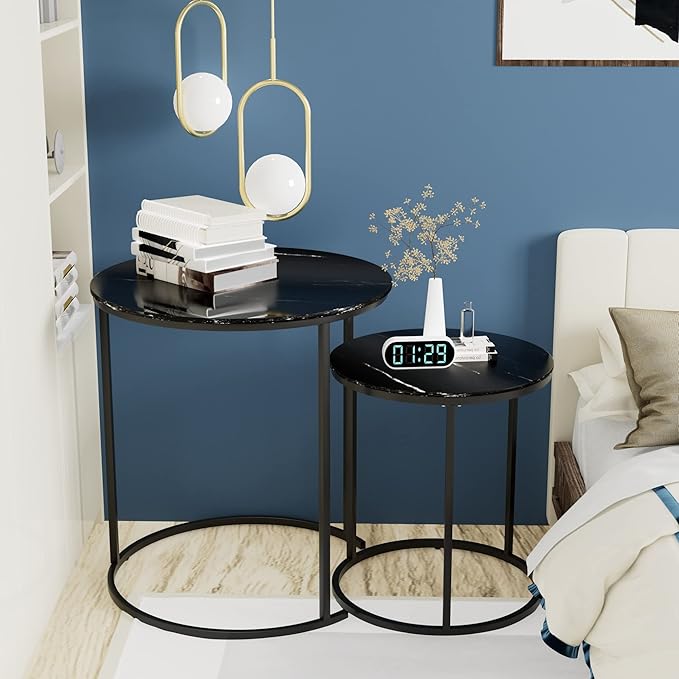 Black Marble Nesting Coffee Table for Small Place 24 in 2 Sets High Side End Sofa Table Nightstand Modern Furniture Living Room Cabin Bed Room Dining RoomGarden 4 You (Black Marble)