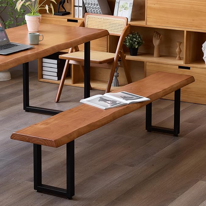 Brown Bench Wooden Long Bench with Metal Legs for Office Restaurant Living Room Meeting Room Indoor Seating Multiple （tan bench70.87in）