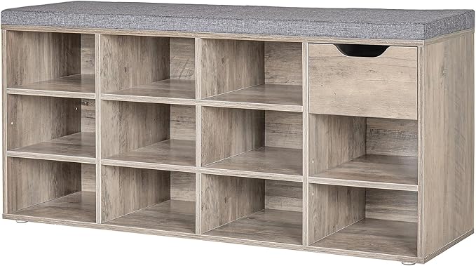 DINZI LVJ Shoe Bench, Entryway Storage Bench with Drawer and 11 Cubbies, Cubby Shoe Rack with Adjustable Shelves, Organizer Cabinet for Living Room, Bedroom, Mudroom, Closet and Garage, Greige